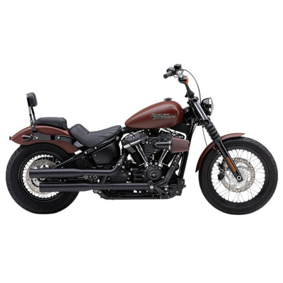 Neighbor Hater Slip On Mufflers - Black for 2018-2024 Softail models with screws on a white background, compatible with Softail models.