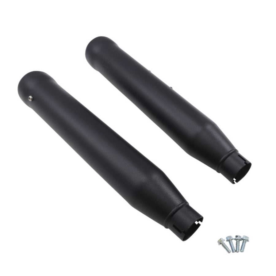 Neighbor Hater Slip On Mufflers - Black for 2018-2024 Softail models with screws on a white background, compatible with Softail models.