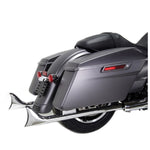 Close-up of a motorcycle's rear side showing saddlebags and Wyatt Gatling 36" Straight Fishtail Exhaust Pipe Set FLT 1995-2016.
