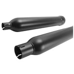 Two black cylindrical Cobra NH Slip-On Mufflers for 2017-Up Harley-Davidson Touring motorcycles, featuring silver inner rims and mounting brackets, are displayed diagonally against a white background—these performance exhaust pipes from Cobra are engineered to provide your Harley with bold sound and standout style.