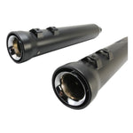 Two black cylindrical Cobra NH Slip-On Mufflers for 2017-Up Harley-Davidson Touring motorcycles, featuring silver inner rims and mounting brackets, are displayed diagonally against a white background—these performance exhaust pipes from Cobra are engineered to provide your Harley with bold sound and standout style.
