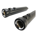 Two views of a cylindrical black Neighbor Hater Slip On Mufflers for 2017+ M8 FL models with metallic Cobra exhaust accents at the rear.