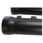 Two black cylindrical Cobra NH Slip-On Mufflers for 2017-Up Harley-Davidson Touring motorcycles, featuring silver inner rims and mounting brackets, are displayed diagonally against a white background—these performance exhaust pipes from Cobra are engineered to provide your Harley with bold sound and standout style.