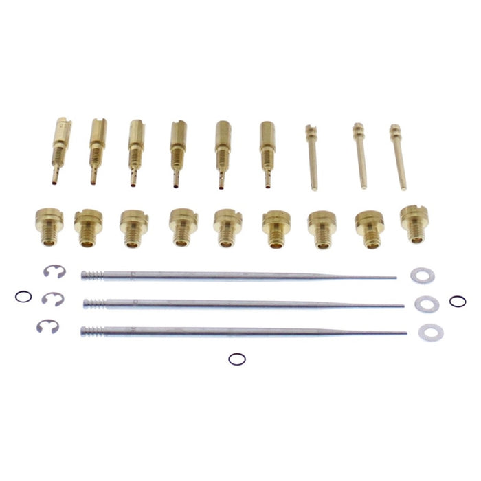 Assorted Mikuni 45 Series Carburetor Jets and maintenance tools arranged on a white background. (Brand: All Balls)