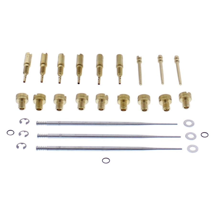 Assorted Mikuni 45 Series Carburetor Jets and maintenance tools arranged on a white background. (Brand: All Balls)