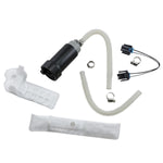 Various components of a vehicle's All Balls fuel pump rebuild kit, including the pump, filter, hoses, and electrical connectors.