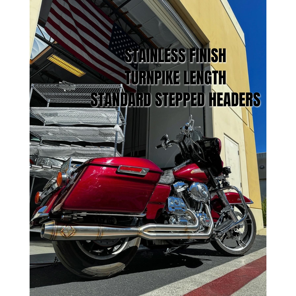 Four SP Concepts exhaust systems for 1996-2016 Harley-Davidson Touring bikes are shown, including a close-up of a stainless steel SP Concepts exhaust installed on a bike.