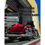 Four SP Concepts exhaust systems for 1996-2016 Harley-Davidson Touring bikes are shown, including a close-up of a stainless steel SP Concepts exhaust installed on a bike.