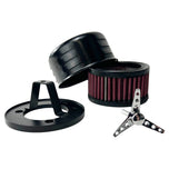 The TC Bros. Black Louvered Air Cleaner for Bendix Zenith & Keihin Butterfly Carbs includes a filter, cover, mounting plate, and fasteners, all set against a white background.
