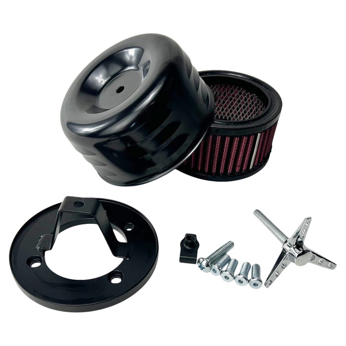 The TC Bros. Black Louvered Air Cleaner for HD CV Carbs & EFI by TC Bros. includes a black housing, cylindrical air filter, mounting plate, screws, and a star-shaped wrench, all displayed on a white background.