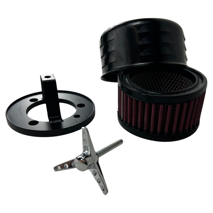 Two TC Bros. Louvered Air Cleaner kits for Harley-Davidson CV carburetors and EFI throttle bodies are displayed on a white background, each with a high-performance air filter, black or chrome cover, mounting brackets, screws, and hardware.