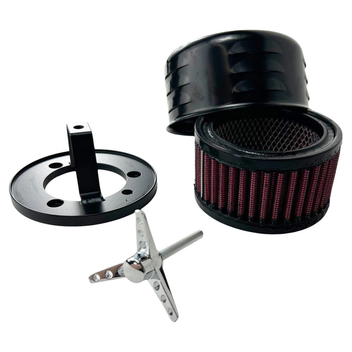 The TC Bros. Black Louvered Air Cleaner for HD CV Carbs & EFI by TC Bros. includes a black housing, cylindrical air filter, mounting plate, screws, and a star-shaped wrench, all displayed on a white background.