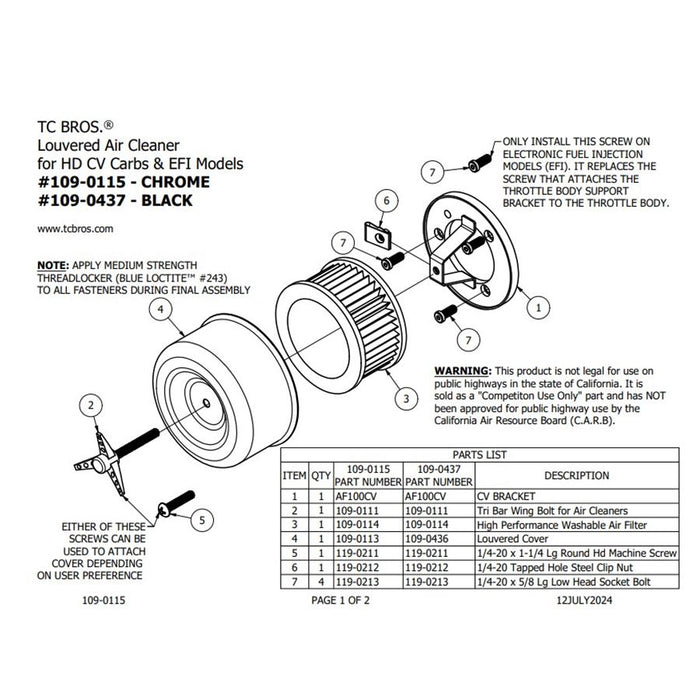 The TC Bros. Black Louvered Air Cleaner for HD CV Carbs & EFI by TC Bros. includes a black housing, cylindrical air filter, mounting plate, screws, and a star-shaped wrench, all displayed on a white background.