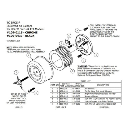 The TC Bros. Black Louvered Air Cleaner for HD CV Carbs & EFI by TC Bros. includes a black housing, cylindrical air filter, mounting plate, screws, and a star-shaped wrench, all displayed on a white background.