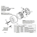 The TC Bros. Black Louvered Air Cleaner for S&S Super E & G Carbs is a black air filter assembly kit by TC Bros., featuring a chrome louvered air cleaner, cylindrical filter, mounting bracket, screws, and a star-shaped wing nut.