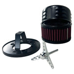 The TC Bros. Air Cleaner for Harley-Davidson Bendix, Zenith, and Keihin Butterfly Carburetors features red pleated fabric and a ribbed silver metal cap. This round cleaner by TC Bros. is shown against a white background.