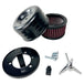 The TC Bros. Air Cleaner for Harley-Davidson Bendix, Zenith, and Keihin Butterfly Carburetors features red pleated fabric and a ribbed silver metal cap. This round cleaner by TC Bros. is shown against a white background.