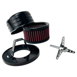 The TC Bros. Air Cleaner for Harley-Davidson Bendix, Zenith, and Keihin Butterfly Carburetors features red pleated fabric and a ribbed silver metal cap. This round cleaner by TC Bros. is shown against a white background.