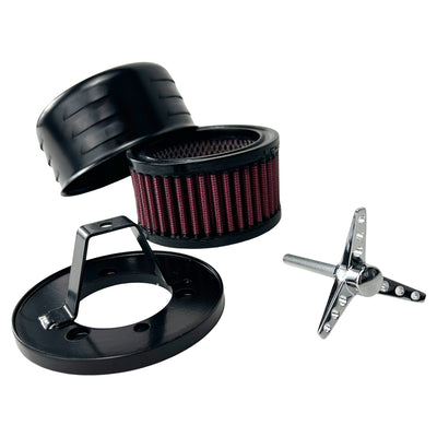 The TC Bros. Black Louvered Air Cleaner for Bendix Zenith & Keihin Butterfly Carbs is displayed with its various components, including housing, a washable cotton gauze filter element, screws, and a mounting bracket, all arranged neatly on a white background.