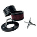 The TC Bros. Air Cleaner for Harley-Davidson Bendix, Zenith, and Keihin Butterfly Carburetors features red pleated fabric and a ribbed silver metal cap. This round cleaner by TC Bros. is shown against a white background.