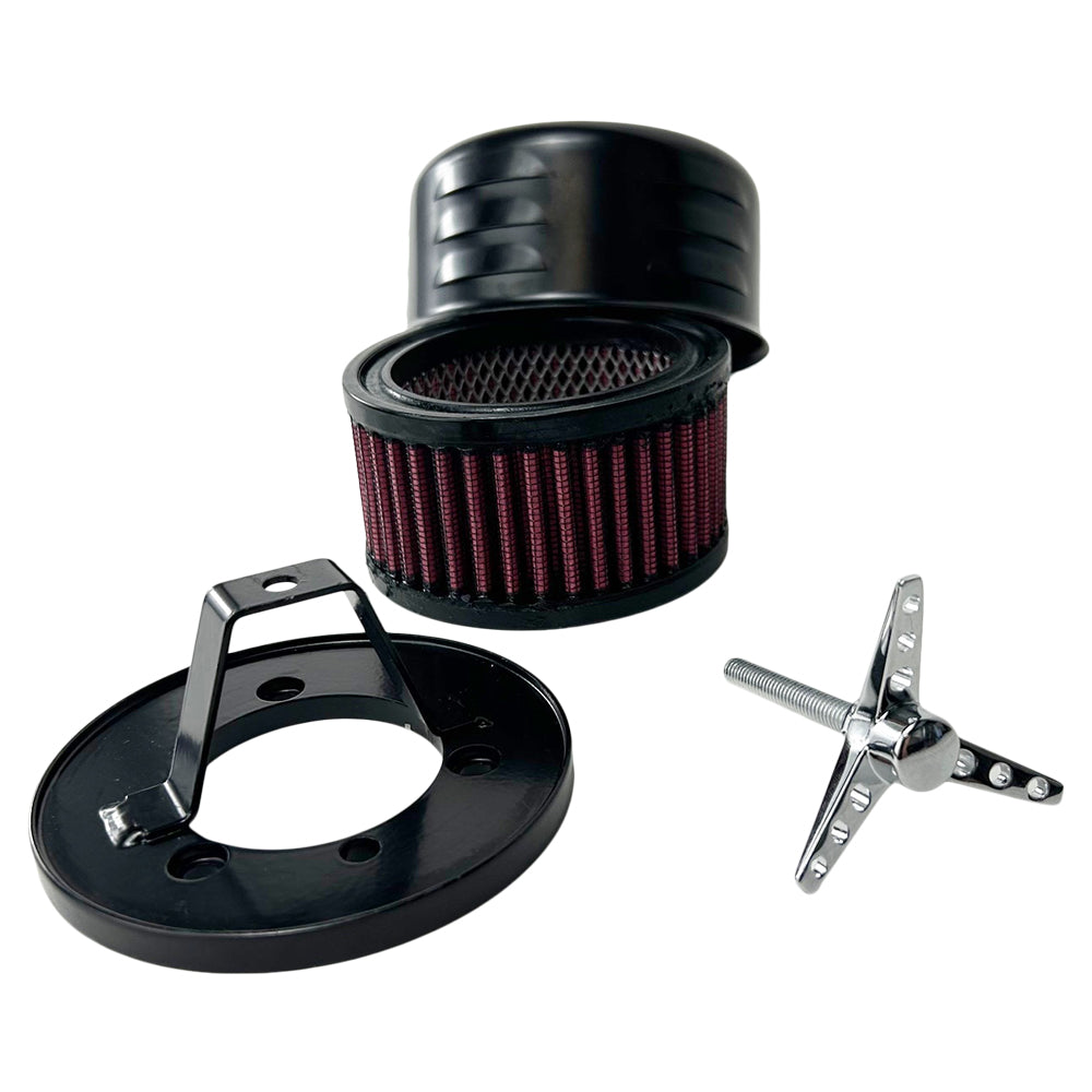 The TC Bros. Black Louvered Air Cleaner for Bendix Zenith & Keihin Butterfly Carbs is displayed with its various components, including housing, a washable cotton gauze filter element, screws, and a mounting bracket, all arranged neatly on a white background.