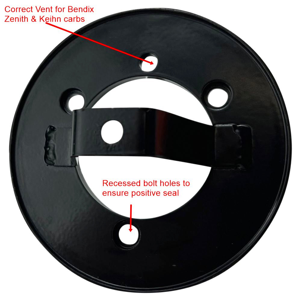 The TC Bros. Black Louvered Air Cleaner for Bendix Zenith & Keihin Butterfly Carbs is displayed with its various components, including housing, a washable cotton gauze filter element, screws, and a mounting bracket, all arranged neatly on a white background.