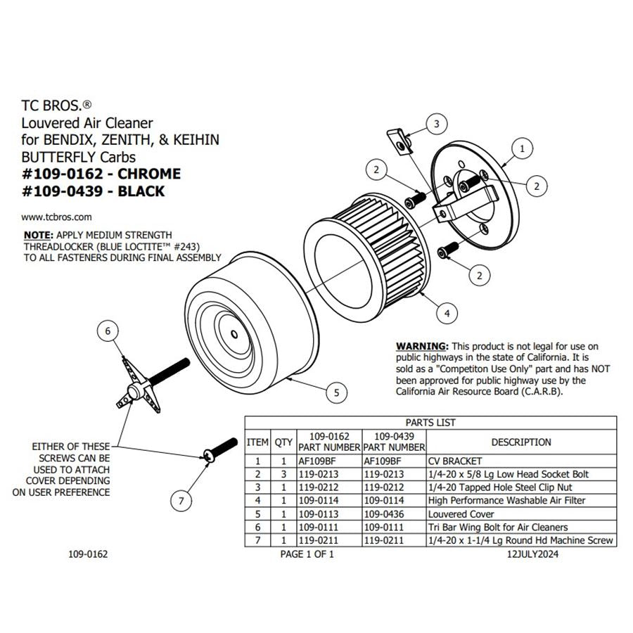 The TC Bros. Black Louvered Air Cleaner for Bendix Zenith & Keihin Butterfly Carbs is displayed with its various components, including housing, a washable cotton gauze filter element, screws, and a mounting bracket, all arranged neatly on a white background.