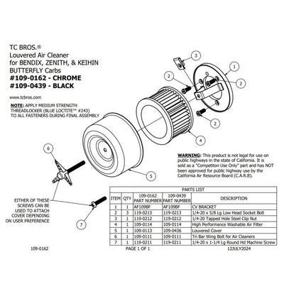 The TC Bros. Black Louvered Air Cleaner for Bendix Zenith & Keihin Butterfly Carbs includes a filter, cover, mounting plate, and fasteners, all set against a white background.