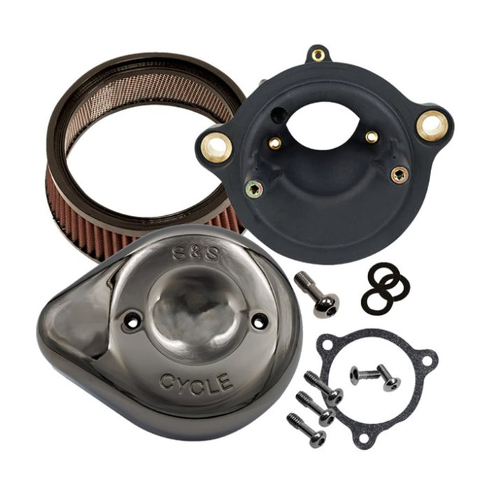 The S&S Cycle Stealth Air Cleaner Kit - Cover - Lava Chrome For 23 CVO Road Glide & 24+ M8 with high-strength synthetic polymer filter, mounting plate, cover, screws, gaskets, and O-rings arranged on a white background boosts increase in air flow.