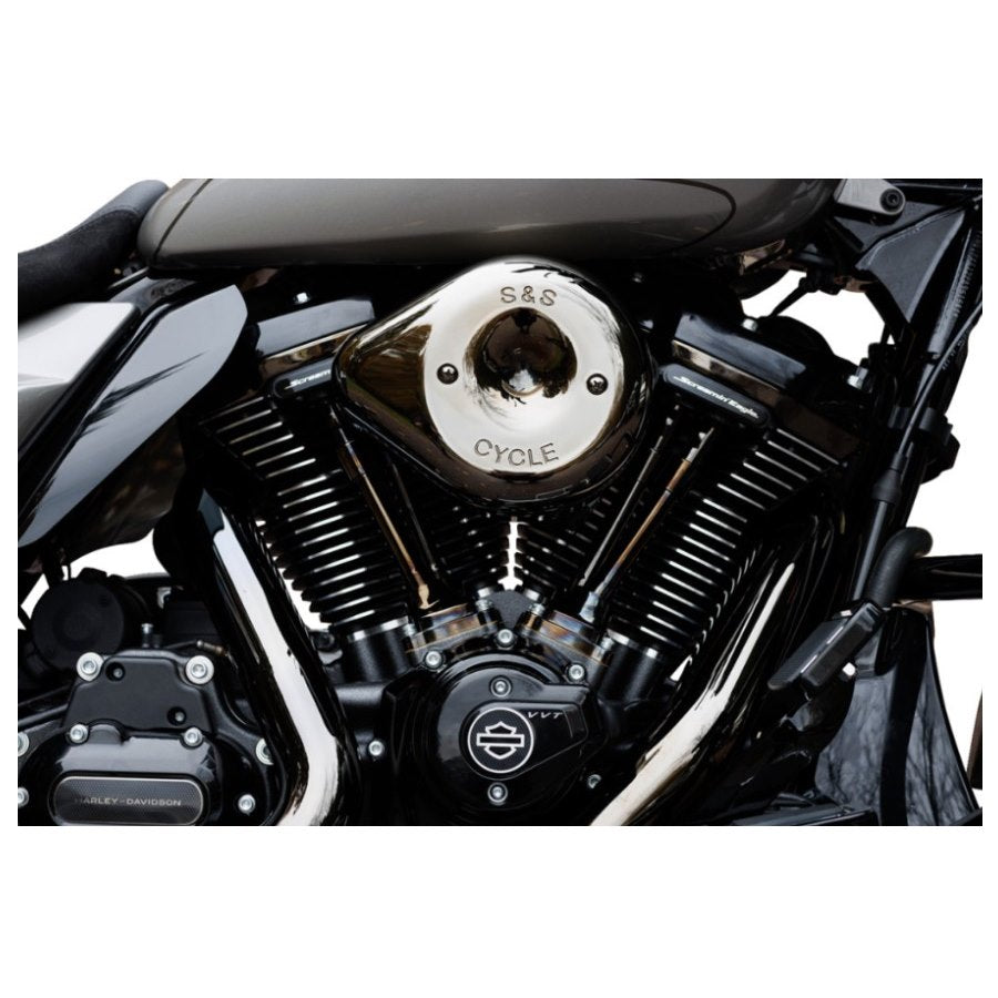 The S&S Cycle Stealth Air Cleaner Kit - Cover - Lava Chrome For 23 CVO Road Glide & 24+ M8 with high-strength synthetic polymer filter, mounting plate, cover, screws, gaskets, and O-rings arranged on a white background boosts increase in air flow.