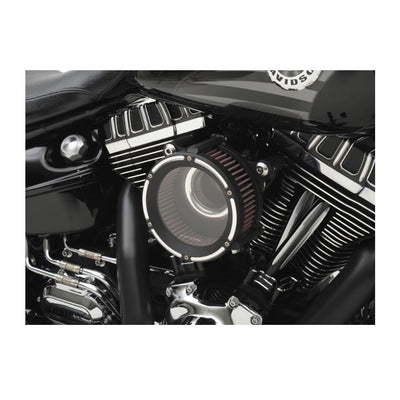 Close-up view of a Harley-Davidson Motorcycle engine featuring a Trask Assault Charge High-Flow Air Cleaner For 17+ M8 by Trask, highlighting intricate metalwork and polished components.