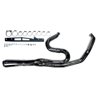 A chrome Road Rage II 2-Into-1 Mid-Length Exhaust System from Bassani, designed for '17-'24 touring motorcycles, with mounting hardware and clamps arranged above it on a white background.