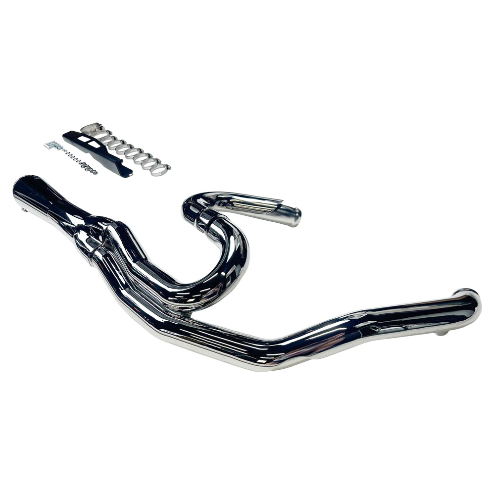 A chrome Road Rage II 2-Into-1 Mid-Length Exhaust System from Bassani, designed for '17-'24 touring motorcycles, with mounting hardware and clamps arranged above it on a white background.