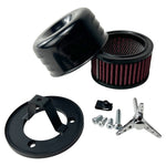 The TC Bros. Black Louvered Air Cleaner for S&S Super E & G Carbs is a black air filter assembly kit by TC Bros., featuring a chrome louvered air cleaner, cylindrical filter, mounting bracket, screws, and a star-shaped wing nut.