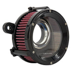 Close-up of a Trask Assault Charge High-Flow Air Cleaner for TBW Harley-Davidson Twin Cam, by Trask, featuring a black metal housing and a visible red pleated filter element.