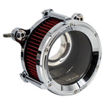 Two Trask Assault Charge High-Flow Air Cleaners for First Gen Harley-Davidson M8, each with an exposed red pleated filter and round metal housing—one in chrome and the other in sleek black.