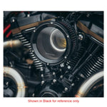 Close-up of the Trask Assault Charge High-Flow Air Cleaner in chrome, designed for '18-'24 M8 Softail and '17-'23 M8 Touring models. The cylindrical shape features a red filter element inside, with polished metal components that offer the perfect upgrade for your Harley-Davidson.