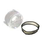 Close-up of a Rain sock For Trask Assault Charge Intake, a metallic cylindrical object with a mesh-like surface and a clamp mechanism on the side, resembling an air filter.