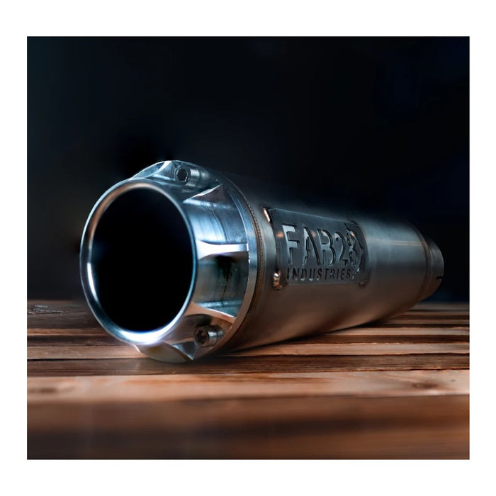 Two metallic exhausts featuring Fab 28 Modular End Caps, with "FAB28 INDUSTRIES" engraved on the side, are displayed against a white background. Brand: Fab 28. Product: Fab 28 Modular End Cap for Fab 28 Exhaust.