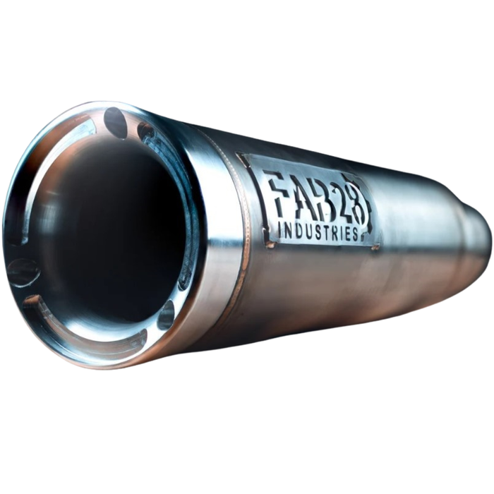 Two metallic exhausts featuring Fab 28 Modular End Caps, with "FAB28 INDUSTRIES" engraved on the side, are displayed against a white background. Brand: Fab 28. Product: Fab 28 Modular End Cap for Fab 28 Exhaust.
