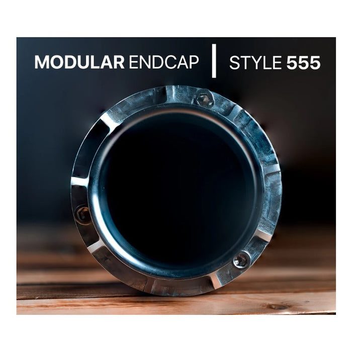 Two metallic exhausts featuring Fab 28 Modular End Caps, with "FAB28 INDUSTRIES" engraved on the side, are displayed against a white background. Brand: Fab 28. Product: Fab 28 Modular End Cap for Fab 28 Exhaust.