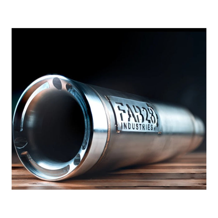 Two metallic exhausts featuring Fab 28 Modular End Caps, with "FAB28 INDUSTRIES" engraved on the side, are displayed against a white background. Brand: Fab 28. Product: Fab 28 Modular End Cap for Fab 28 Exhaust.