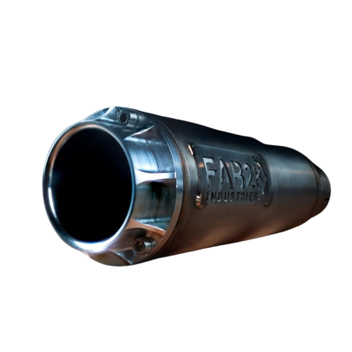 Two metallic exhausts featuring Fab 28 Modular End Caps, with "FAB28 INDUSTRIES" engraved on the side, are displayed against a white background. Brand: Fab 28. Product: Fab 28 Modular End Cap for Fab 28 Exhaust.