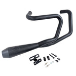 An SP Concepts Lanesplitter Exhaust, featuring their sleek logo, lies on the concrete alongside stainless steel headers, perfectly tailored for a black Harley Davidson Sportster (1986-2003), transforming it into an exhilarating ride.
