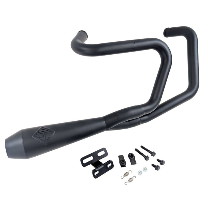 An SP Concepts Lanesplitter Exhaust, featuring their sleek logo, lies on the concrete alongside stainless steel headers, perfectly tailored for a black Harley Davidson Sportster (1986-2003), transforming it into an exhilarating ride.