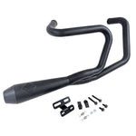 An SP Concepts Lanesplitter Exhaust, featuring their sleek logo, lies on the concrete alongside stainless steel headers, perfectly tailored for a black Harley Davidson Sportster (1986-2003), transforming it into an exhilarating ride.