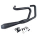 An SP Concepts Lanesplitter Exhaust, featuring their sleek logo, lies on the concrete alongside stainless steel headers, perfectly tailored for a black Harley Davidson Sportster (1986-2003), transforming it into an exhilarating ride.