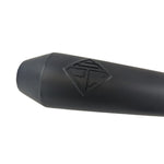 An SP Concepts Lanesplitter Exhaust, featuring their sleek logo, lies on the concrete alongside stainless steel headers, perfectly tailored for a black Harley Davidson Sportster (1986-2003), transforming it into an exhilarating ride.
