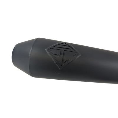 An SP Concepts Lanesplitter Exhaust, featuring their sleek logo, lies on the concrete alongside stainless steel headers, perfectly tailored for a black Harley Davidson Sportster (1986-2003), transforming it into an exhilarating ride.