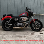 An SP Concepts Lanesplitter Exhaust, featuring their sleek logo, lies on the concrete alongside stainless steel headers, perfectly tailored for a black Harley Davidson Sportster (1986-2003), transforming it into an exhilarating ride.